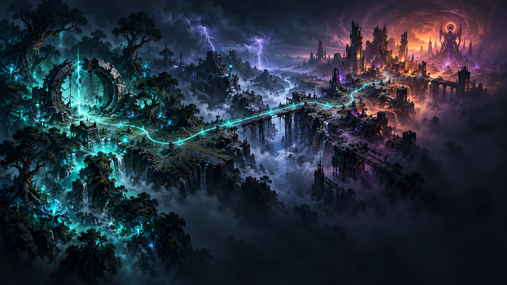 The Gridwell route from a glowing forest portal through ruined bridges toward a distant citadel